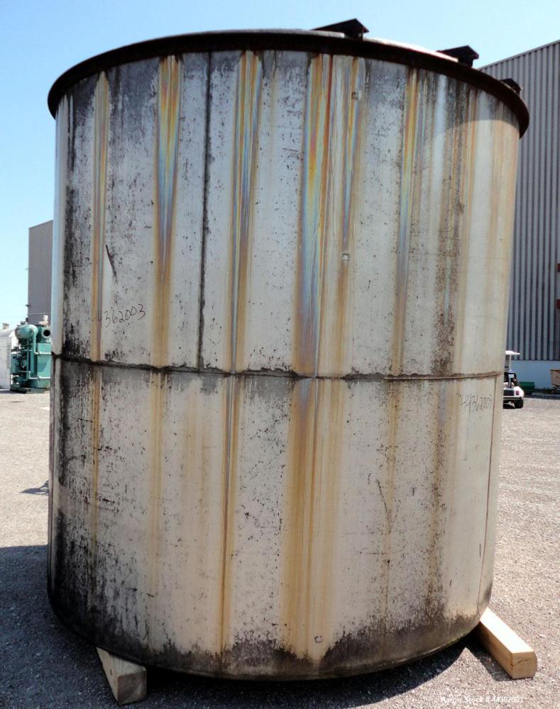 Used Tank, 5100 Gallon, 304 Stainless Steel, Vertical. Approximately 114 diameter x 116 straight side, flat top, sloped bottom. Internal ladder. Openings: top (2) 4", 20" manway, no cover; 3" off cen...