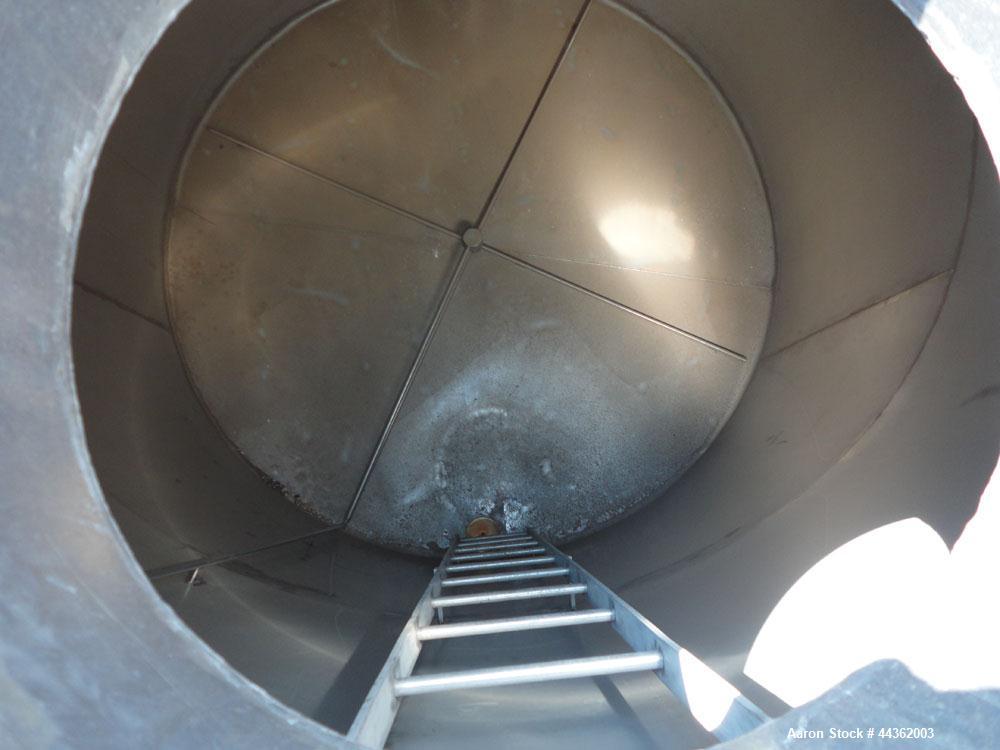 Used Tank, 5100 Gallon, 304 Stainless Steel, Vertical. Approximately 114 diameter x 116 straight side, flat top, sloped bottom. Internal ladder. Openings: top (2) 4", 20" manway, no cover; 3" off cen...