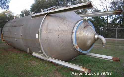 Used Tank, Approximate 16,000 Gallon Stainless Steel, Vertical. Approximate 120" diameter x 25' straight side x 8' cone bottom. Flat top. Openings top 3", 6", 8", 20" manway with cover. Side manway w...