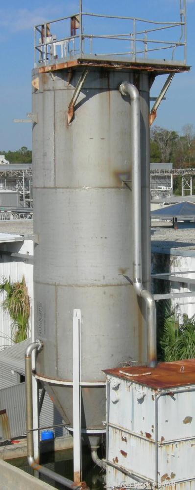 Used Tank, Approximate 16,000 Gallon Stainless Steel, Vertical. Approximate 120" diameter x 25' straight side x 8' cone bottom. Flat top. Openings top 3", 6", 8", 20" manway with cover. Side manway w...
