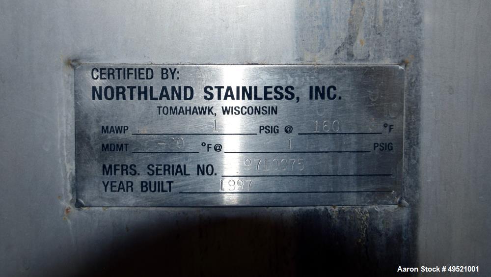 Used Northland Stainless Tank, Approximate 8000 Gallon, Stainless Steel, Vertical. Approximate 120" diameter x 156" straight side, flat top, dished bottom. Internal rated 1 psi at -20 to 160 degrees ...