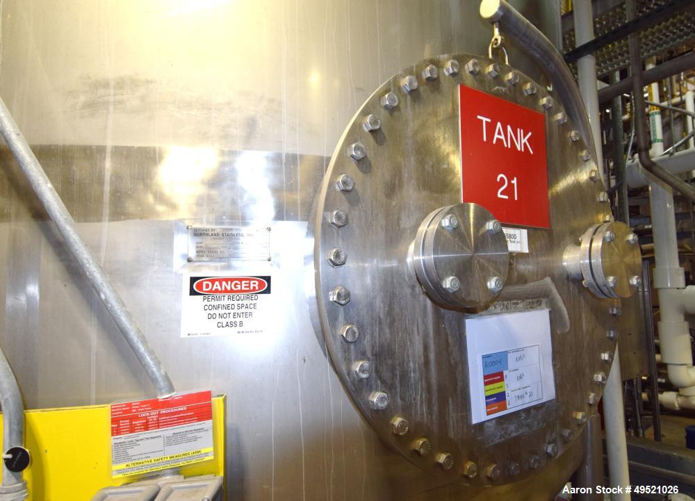 Used Northland Stainless Tank, Approximate 8000 Gallon, 316L Stainless Steel, Vertical. Approximate 120” diameter x 156” straight side, flat top, dished bottom. Internal rated 1 psi at -20 to 160 deg...