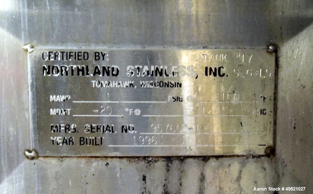 Used Northland Stainless Tank, Approximate 8000 Gallon, 316L Stainless Steel, Vertical. Approximate 120” diameter x 156” straight side, flat top, dished bottom. Internal rated 1 psi at -20 to 160 deg...