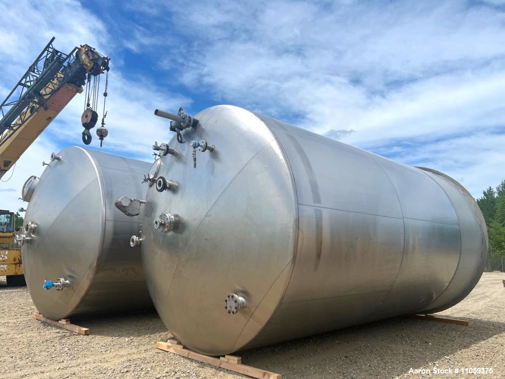Used Paul Mueller 15,000-gallon stainless steel storage tank with dish top/bottom, 12' diameter, 3 PSI rating, and sanitary construction. Skirt-mounted. Previously used in a brewery. Ideal for food, beverage, and industrial liquid storage.