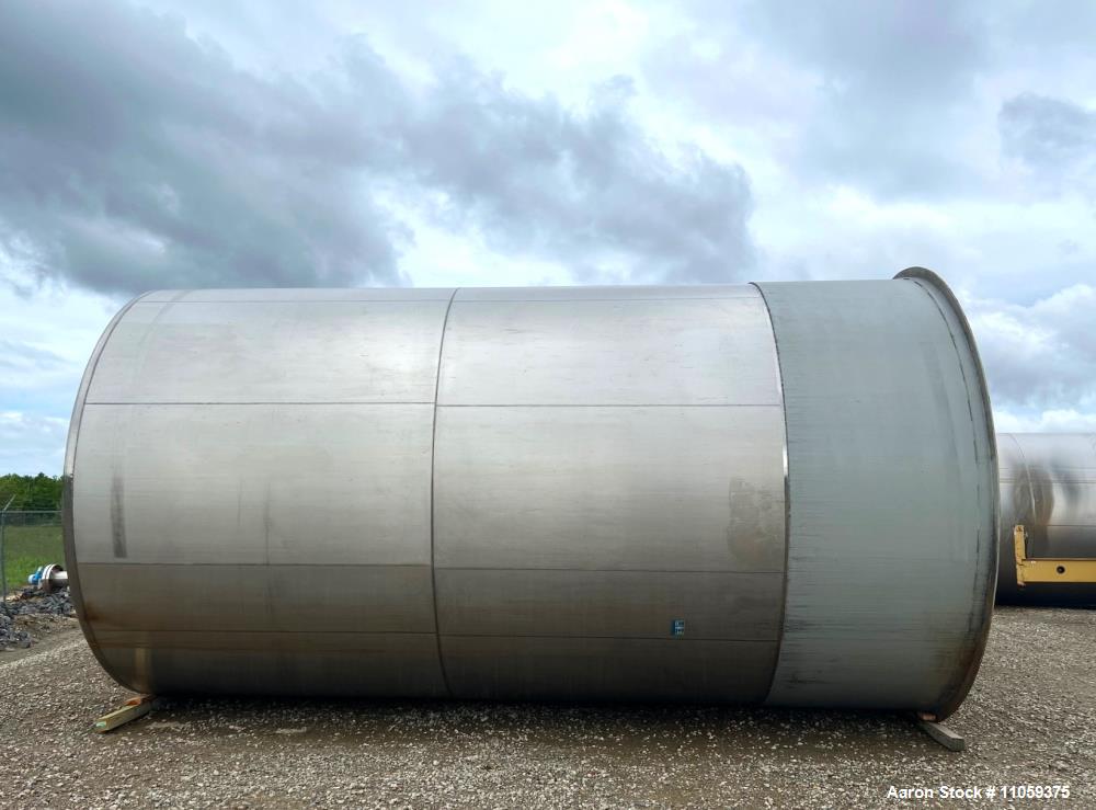 Used Paul Mueller 15,000-gallon stainless steel storage tank with dish top/bottom, 12' diameter, 3 PSI rating, and sanitary construction. Skirt-mounted. Previously used in a brewery. Ideal for food, beverage, and industrial liquid storage.