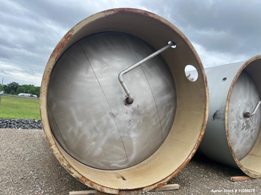 Used Paul Mueller 15,000-gallon stainless steel storage tank with dish top/bottom, 12' diameter, 3 PSI rating, and sanitary construction. Skirt-mounted. Previously used in a brewery. Ideal for food, beverage, and industrial liquid storage.