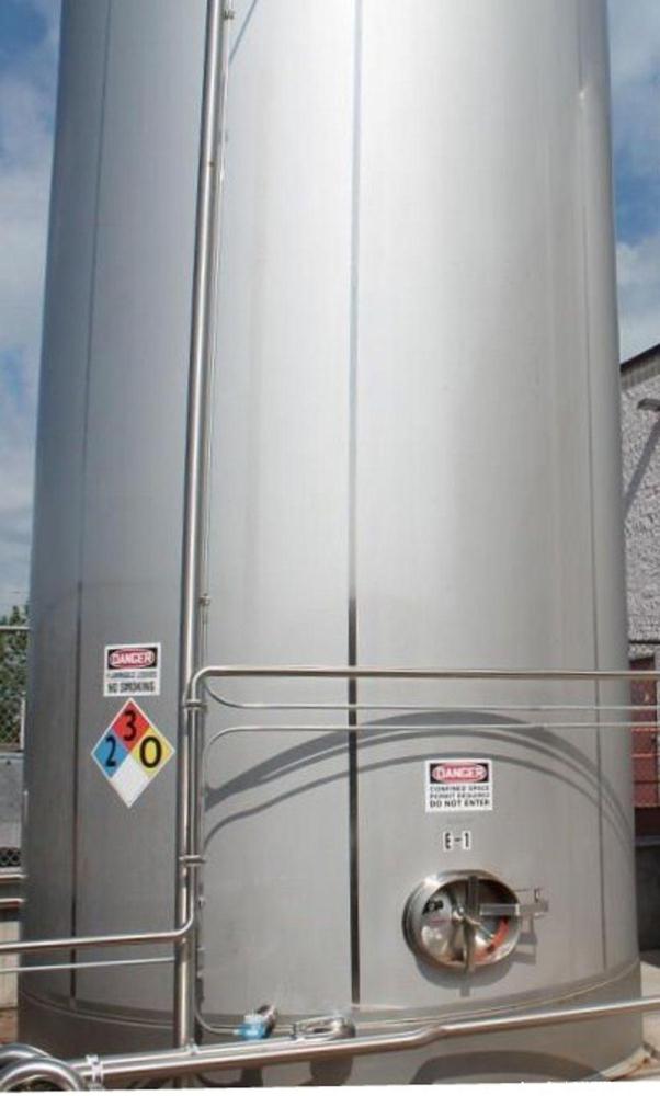 Used "16,000-GALLON MODEL ""D"" BEVERAGE GRADE, SINGLE WALL, VERTICAL, CYLINDRICAL, WELDED, STAINLESS STEEL, ABOVE GROUND BULK TANK -MUELLER – S/N 408527-1, FE-300251: Design: UL-142, No stamp at 100...