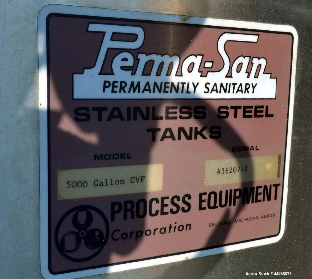 Used Perma-San Tank, 5000 Gallon, Model CVF, 316 Stainless Steel, Vertical. 108" Diameter x 129" straight side, cone top, flat bottom. Openings top 3" tri-clamp, 20" Diameter top man way with cover. ...