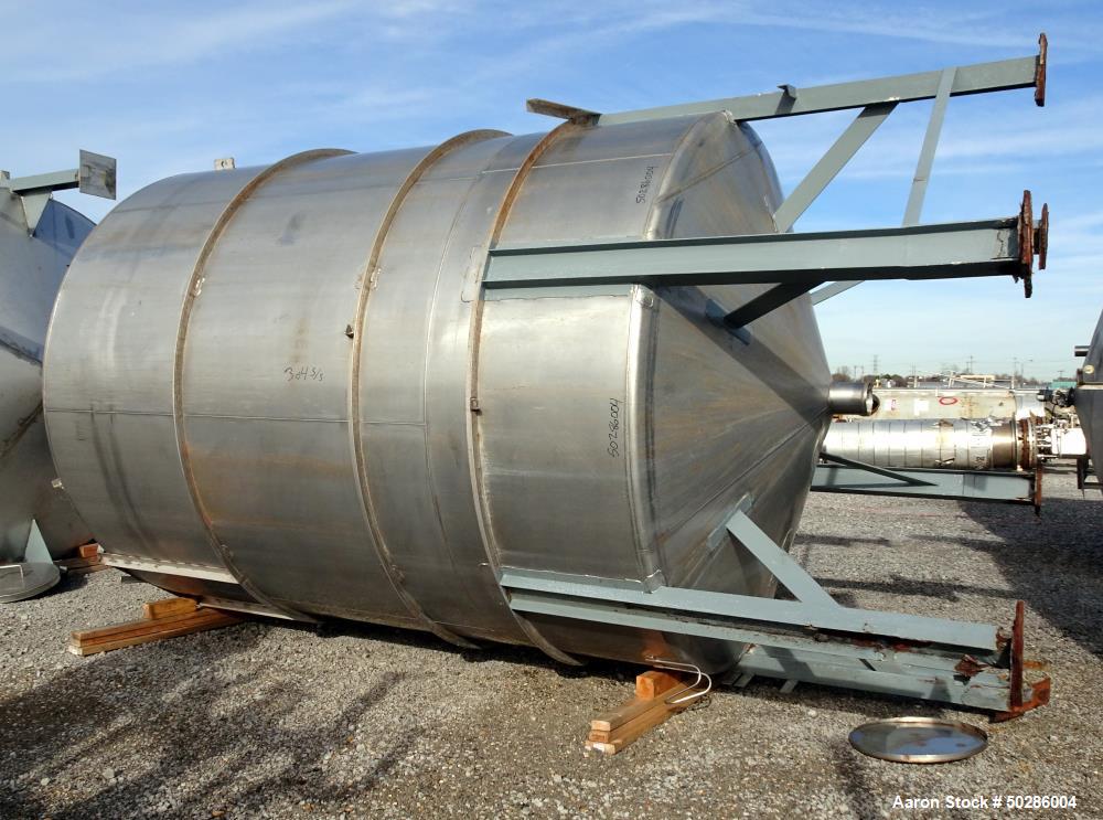 Used Perry Products Tank, 5,200 Gallon, Model VCCX, 304 Stainless Steel, Vertical. Approximate 106" diameter x 132" straight side, coned top & bottom. (1) Spray nozzle. Openings top (2) 2", 3", 4", 1...