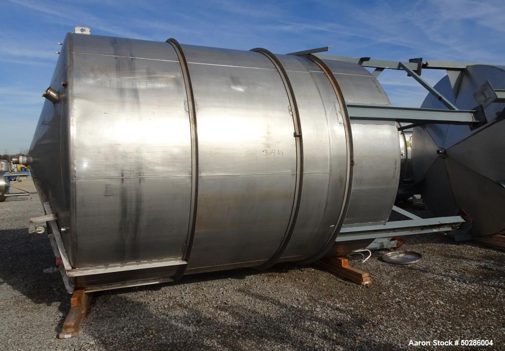 Used Perry Products Tank, 5,200 Gallon, Model VCCX, 304 Stainless Steel, Vertical. Approximate 106" diameter x 132" straight side, coned top & bottom. (1) Spray nozzle. Openings top (2) 2", 3", 4", 1...