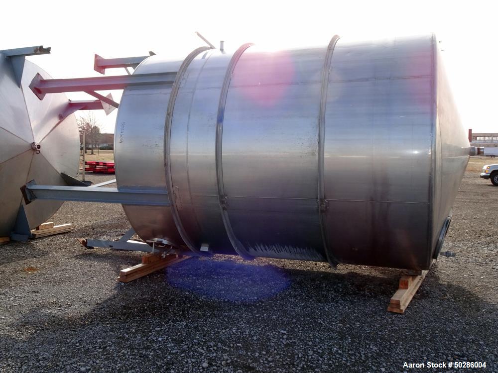 Used Perry Products Tank, 5,200 Gallon, Model VCCX, 304 Stainless Steel, Vertical. Approximate 106" diameter x 132" straight side, coned top & bottom. (1) Spray nozzle. Openings top (2) 2", 3", 4", 1...