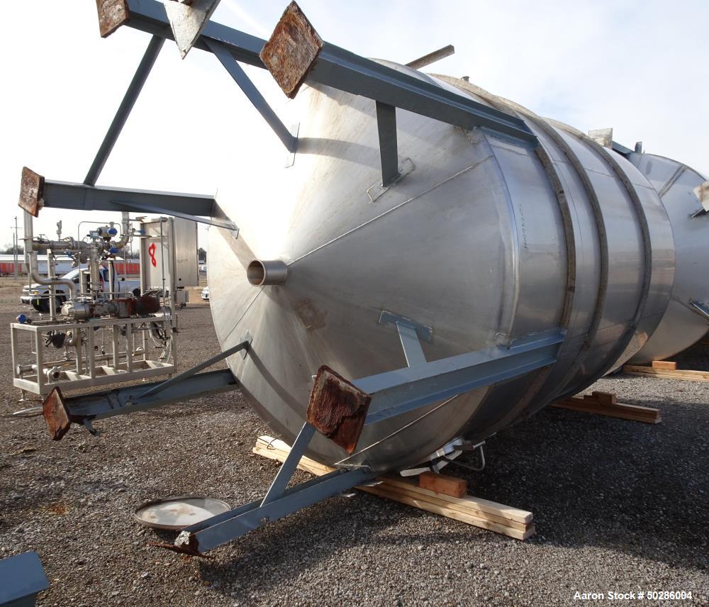 Used Perry Products Tank, 5,200 Gallon, Model VCCX, 304 Stainless Steel, Vertical. Approximate 106" diameter x 132" straight side, coned top & bottom. (1) Spray nozzle. Openings top (2) 2", 3", 4", 1...
