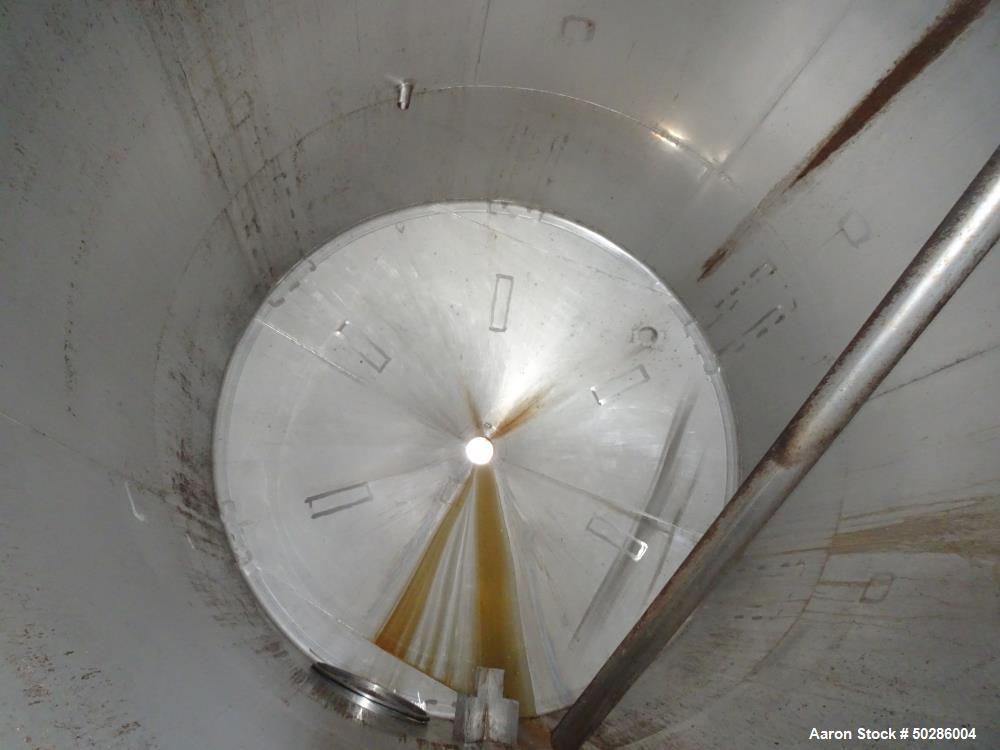 Used Perry Products Tank, 5,200 Gallon, Model VCCX, 304 Stainless Steel, Vertical. Approximate 106" diameter x 132" straight side, coned top & bottom. (1) Spray nozzle. Openings top (2) 2", 3", 4", 1...