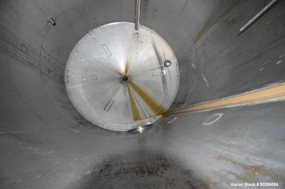 Used Perry Products Tank, 5,200 Gallon, Model VCCX, 304 Stainless Steel, Vertical. Approximate 106" diameter x 132" straight side, coned top & bottom. (1) Spray nozzle. Openings top (2) 2", 3", 4", 1...