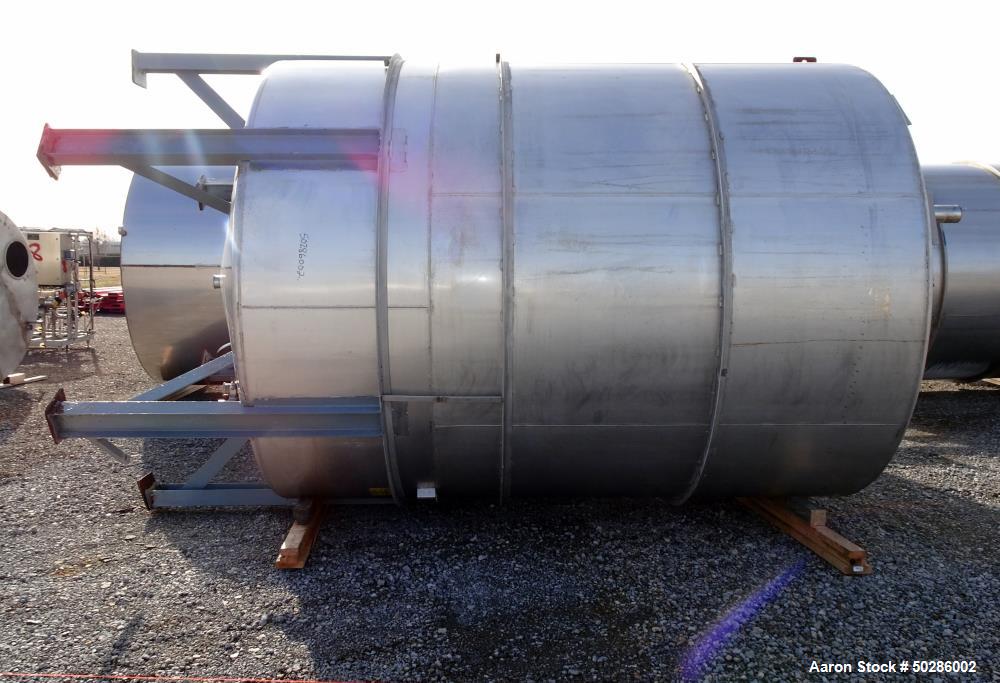 Used Perry Products Tank, 5,200 Gallon, Model VCWX, 304 Stainless Steel, Vertical. Approximate 106" diameter x 132" straight side, coned top & bottom. (1) Spray nozzle. Openings top 2", 3", (2) 4", 1...