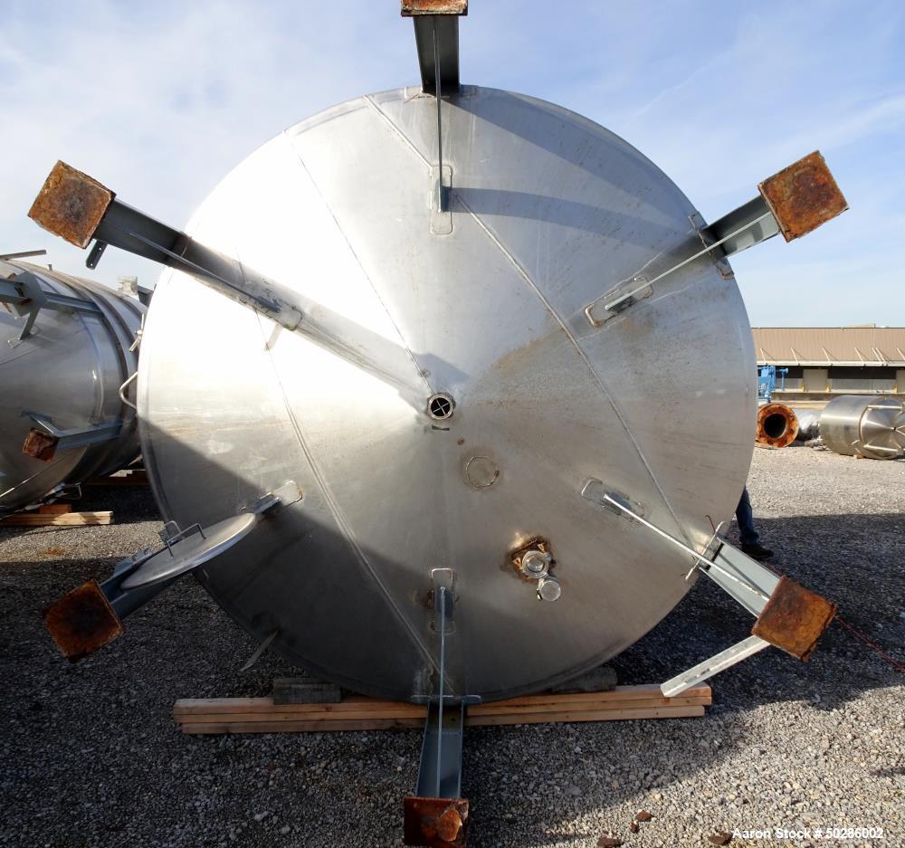 Used Perry Products Tank, 5,200 Gallon, Model VCWX, 304 Stainless Steel, Vertical. Approximate 106" diameter x 132" straight side, coned top & bottom. (1) Spray nozzle. Openings top 2", 3", (2) 4", 1...