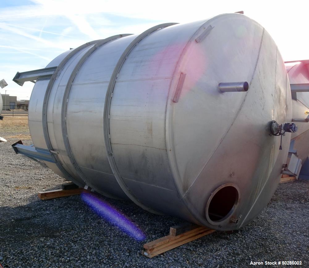 Used Perry Products Tank, 5,200 Gallon, Model VCWX, 304 Stainless Steel, Vertical. Approximate 106" diameter x 132" straight side, coned top & bottom. (1) Spray nozzle. Openings top 2", 3", (2) 4", 1...