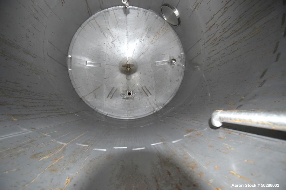 Used Perry Products Tank, 5,200 Gallon, Model VCWX, 304 Stainless Steel, Vertical. Approximate 106" diameter x 132" straight side, coned top & bottom. (1) Spray nozzle. Openings top 2", 3", (2) 4", 1...