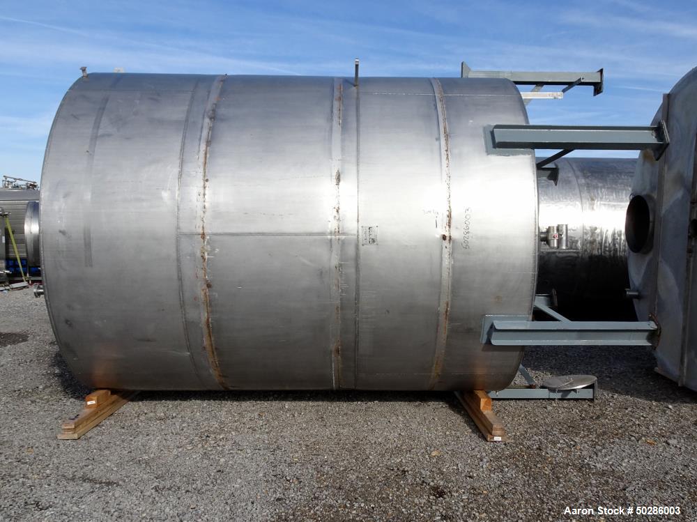 Used Perry Products Tank, 5,200 Gallon, 304 Stainless Steel, Vertical. Approximate 106" diameter x 132" straight side, coned top & bottom. (1) Spray nozzle. Openings top 2", 3", (2) 4", 18" man way w...