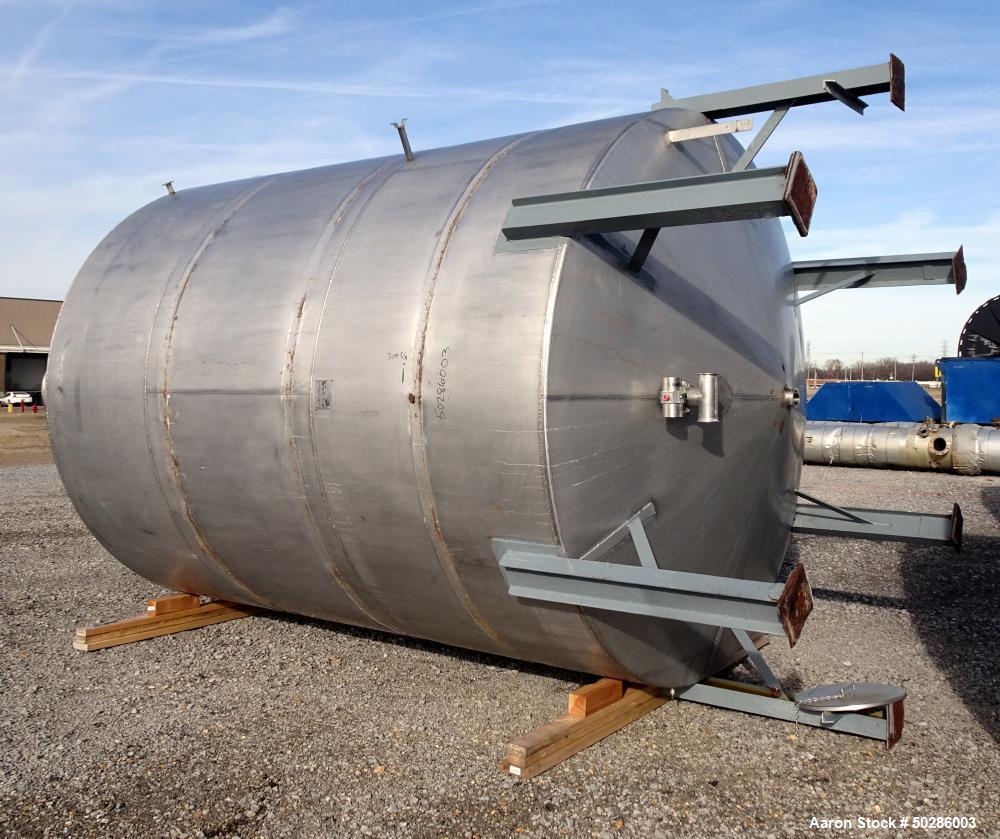 Used Perry Products Tank, 5,200 Gallon, 304 Stainless Steel, Vertical. Approximate 106" diameter x 132" straight side, coned top & bottom. (1) Spray nozzle. Openings top 2", 3", (2) 4", 18" man way w...