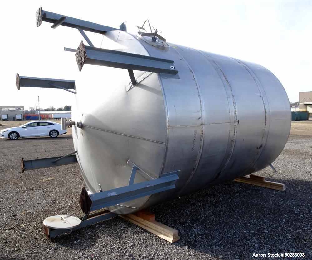 Used Perry Products Tank, 5,200 Gallon, 304 Stainless Steel, Vertical. Approximate 106" diameter x 132" straight side, coned top & bottom. (1) Spray nozzle. Openings top 2", 3", (2) 4", 18" man way w...