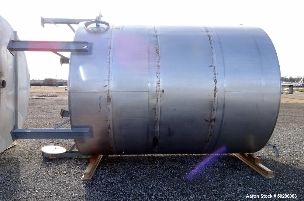 Used Perry Products Tank, 5,200 Gallon, 304 Stainless Steel, Vertical. Approximate 106" diameter x 132" straight side, coned top & bottom. (1) Spray nozzle. Openings top 2", 3", (2) 4", 18" man way w...