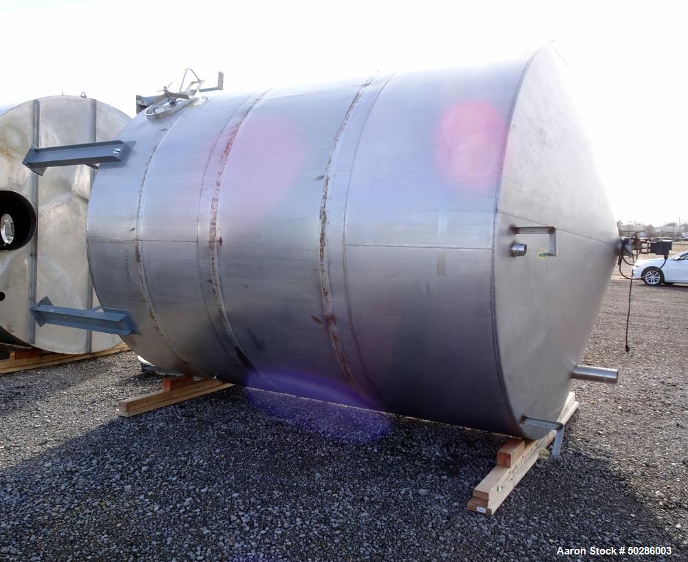 Used Perry Products Tank, 5,200 Gallon, 304 Stainless Steel, Vertical. Approximate 106" diameter x 132" straight side, coned top & bottom. (1) Spray nozzle. Openings top 2", 3", (2) 4", 18" man way w...