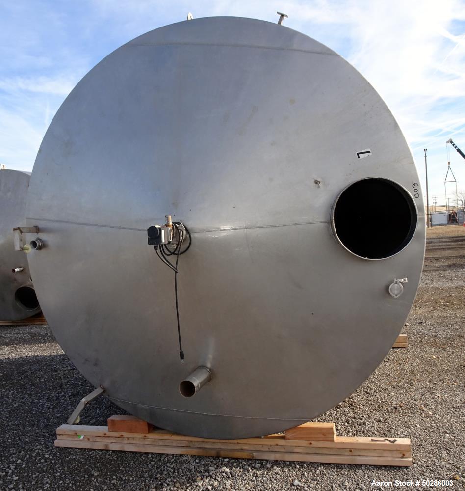 Used Perry Products Tank, 5,200 Gallon, 304 Stainless Steel, Vertical. Approximate 106" diameter x 132" straight side, coned top & bottom. (1) Spray nozzle. Openings top 2", 3", (2) 4", 18" man way w...