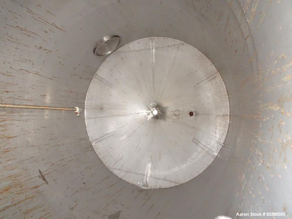 Used Perry Products Tank, 5,200 Gallon, 304 Stainless Steel, Vertical. Approximate 106" diameter x 132" straight side, coned top & bottom. (1) Spray nozzle. Openings top 2", 3", (2) 4", 18" man way w...