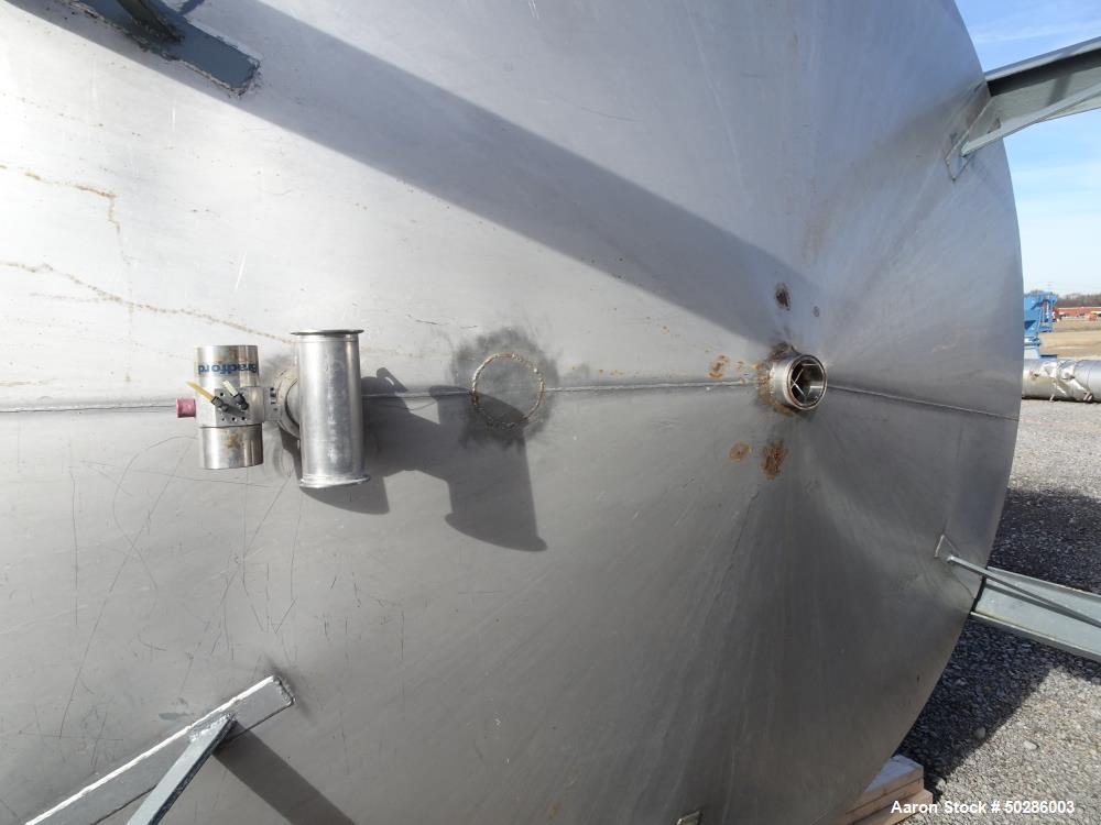Used Perry Products Tank, 5,200 Gallon, 304 Stainless Steel, Vertical. Approximate 106" diameter x 132" straight side, coned top & bottom. (1) Spray nozzle. Openings top 2", 3", (2) 4", 18" man way w...