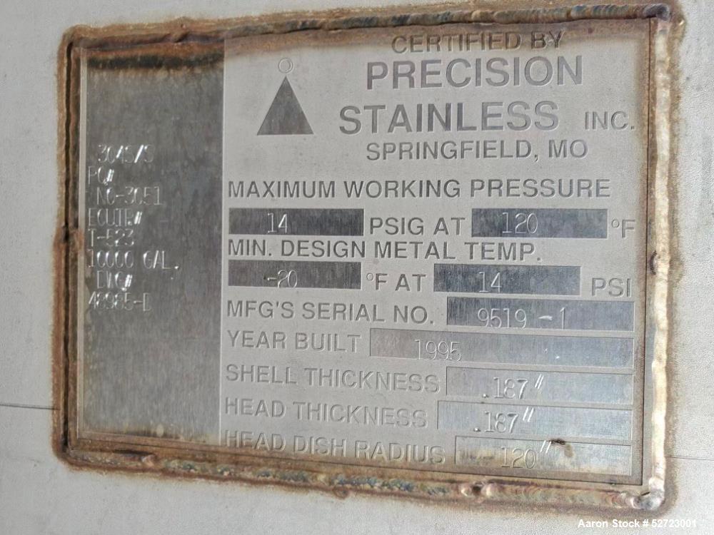 Used 10,000 Gallon, 304 Stainless steel, manufactured by Precision Stainless Inc