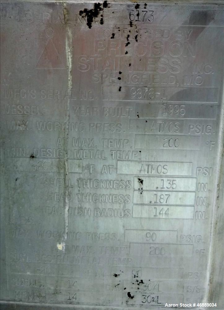 Used Precision Stainless Mixing Tank, 12,000 Gallon, 316L Stainless Steel, Vertical. Approximate 144" diameter x 166" straight side. Dished top and bottom heads. Insulated. 304L Stainless steel dimpl...