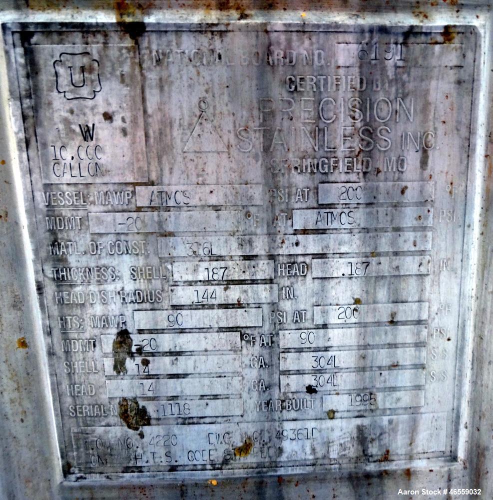 Used Precision Stainless Mixing Tank, 10,000 Gallon, 316L Stainless Steel, Vert