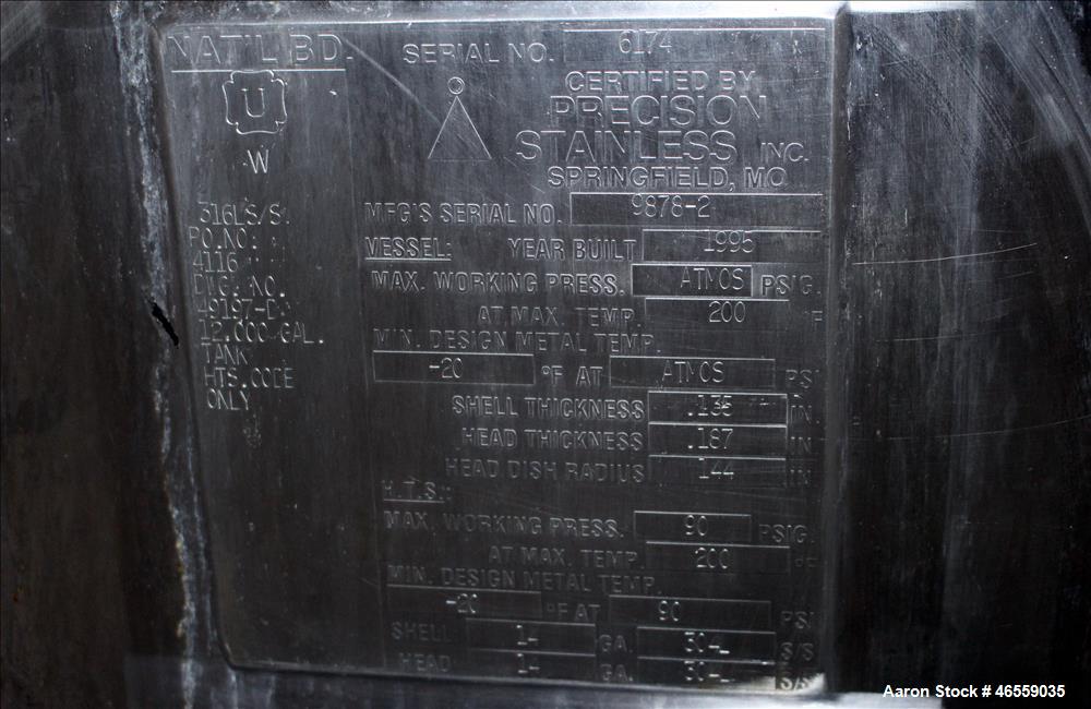 Used Precision Stainless Mixing Tank, 12,000 Gallon, 316L Stainless Steel, Vertical. Approximate 144" diameter x 166" straight side. Dished top and bottom heads. Insulated. 304L Stainless steel dimpl...