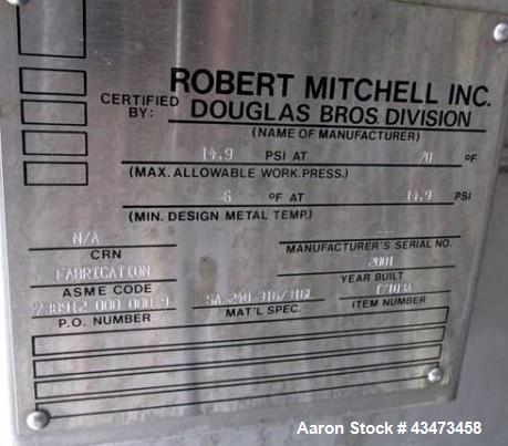 Used Robert Mitchell Pressure Tank, 10,000 Gallon, 316L Stainless Steel, Vertical. Approximate 120" diameter x 192" straight side, dished top & bottom. Internal rated 14.9 psi at 70 degrees F. Openin...