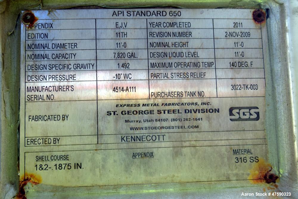 Unused- SGS St. George Steel API Standard 650 Tank, 7,820 Gallon