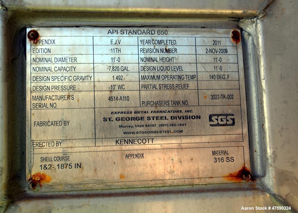 Unused- SGS St. George Steel API Standard 650 Tank, 7,820 Gallon