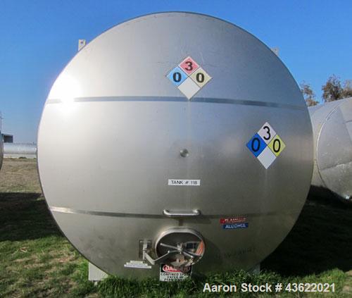 Used Santa Rosa Approximately 17,000 Gallon Stainless Steel Horizontal Storage Tank. Approximately 10'6" diameter x 25' straight side. Dished heads. 16" x 20" side oval manway with cover. 3" EBO. CIP...