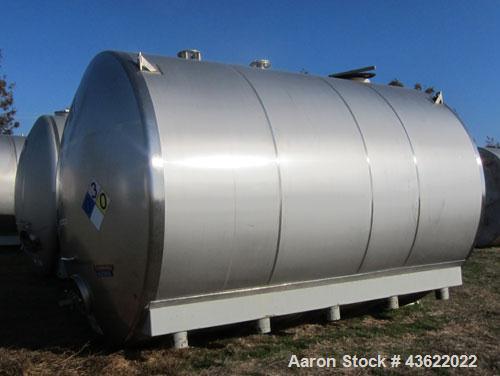 Used Santa Rosa 10,000 Gallon Stainless Steel Horizontal Storage Tank. Approximately 10'6" diameter x 14'6" straight side. Dished heads. 16" x 20" side oval manway with cover. 3" EBO. CIP spray ball....