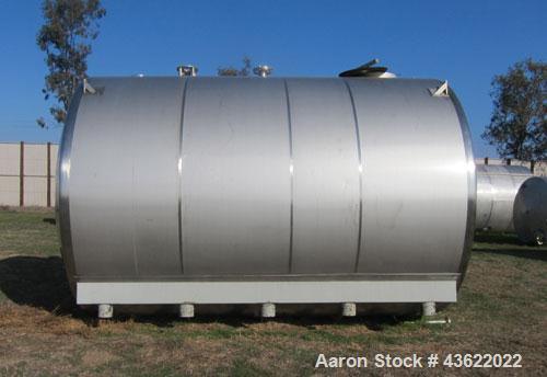 Used Santa Rosa 10,000 Gallon Stainless Steel Horizontal Storage Tank. Approximately 10'6" diameter x 14'6" straight side. Dished heads. 16" x 20" side oval manway with cover. 3" EBO. CIP spray ball....