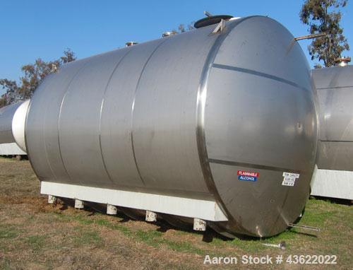 Used Santa Rosa 10,000 Gallon Stainless Steel Horizontal Storage Tank. Approximately 10'6" diameter x 14'6" straight side. Dished heads. 16" x 20" side oval manway with cover. 3" EBO. CIP spray ball....