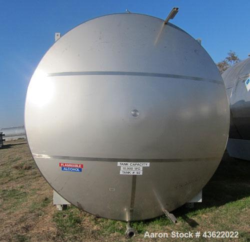 Used Santa Rosa 10,000 Gallon Stainless Steel Horizontal Storage Tank. Approximately 10'6" diameter x 14'6" straight side. Dished heads. 16" x 20" side oval manway with cover. 3" EBO. CIP spray ball....