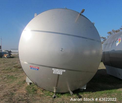 Used Santa Rosa 10,000 Gallon Stainless Steel Horizontal Storage Tank. Approximately 10'6" diameter x 14'6" straight side. Dished heads. 16" x 20" side oval manway with cover. 3" EBO. CIP spray ball....