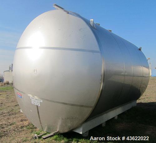 Used Santa Rosa 10,000 Gallon Stainless Steel Horizontal Storage Tank. Approximately 10'6" diameter x 14'6" straight side. Dished heads. 16" x 20" side oval manway with cover. 3" EBO. CIP spray ball....