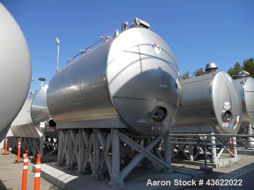 Used Santa Rosa 10,000 Gallon Stainless Steel Horizontal Storage Tank. Approximately 10'6" diameter x 14'6" straight side. Dished heads. 16" x 20" side oval manway with cover. 3" EBO. CIP spray ball....