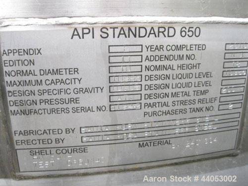 Used Santa Rosa Stainless Steel Storage Tank. API Standard 650. 10,985 Gallon Capacity. Type 304SS Material Construction. Vertical Design. Approximate 10’ Diameter x 18’ Straight Side.  Internal Atmo...