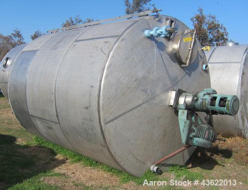 Used Saracco Tank & Mfg Approximately 5,200 Gallon Stainless Steel Storage Tank. Approximately 9' diameter x 11' straight side. Flat bottom and slight cone top. Various top openings including a 17" m...
