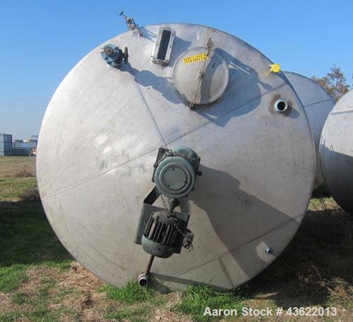 Used Saracco Tank & Mfg Approximately 5,200 Gallon Stainless Steel Storage Tank. Approximately 9' diameter x 11' straight side. Flat bottom and slight cone top. Various top openings including a 17" m...