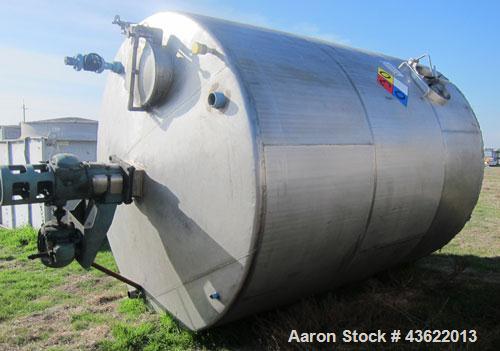 Used Saracco Tank & Mfg Approximately 5,200 Gallon Stainless Steel Storage Tank. Approximately 9' diameter x 11' straight side. Flat bottom and slight cone top. Various top openings including a 17" m...
