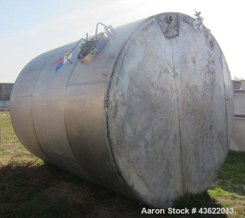Used Saracco Tank & Mfg Approximately 5,200 Gallon Stainless Steel Storage Tank. Approximately 9' diameter x 11' straight side. Flat bottom and slight cone top. Various top openings including a 17" m...